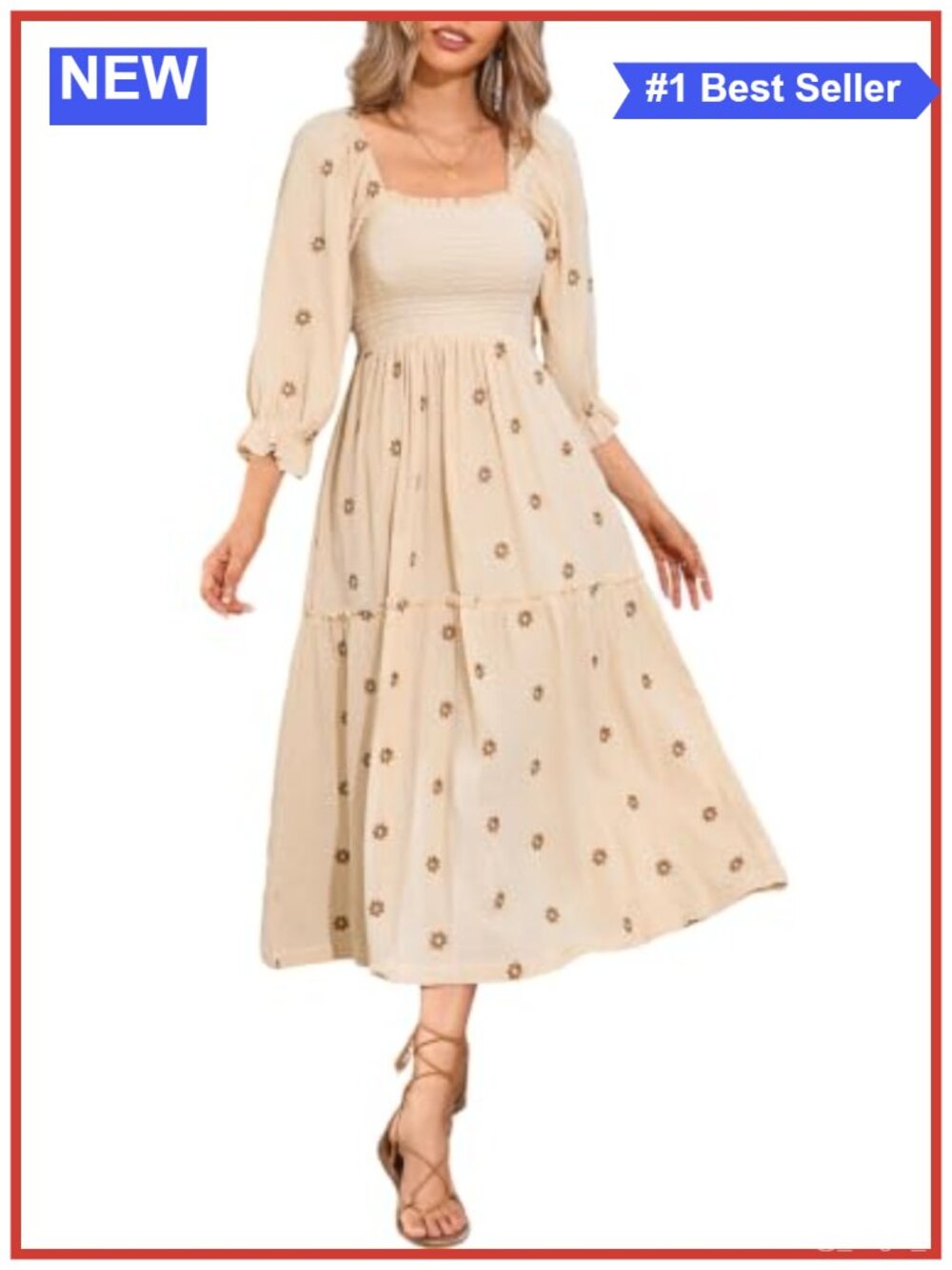Women's Cotton Floral Embroidered Boho Midi Dress with Pockets
